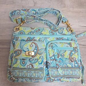 Maggie B Quilted Organizer Crossbody Bag Blue Paisley Multi Pocket Purse